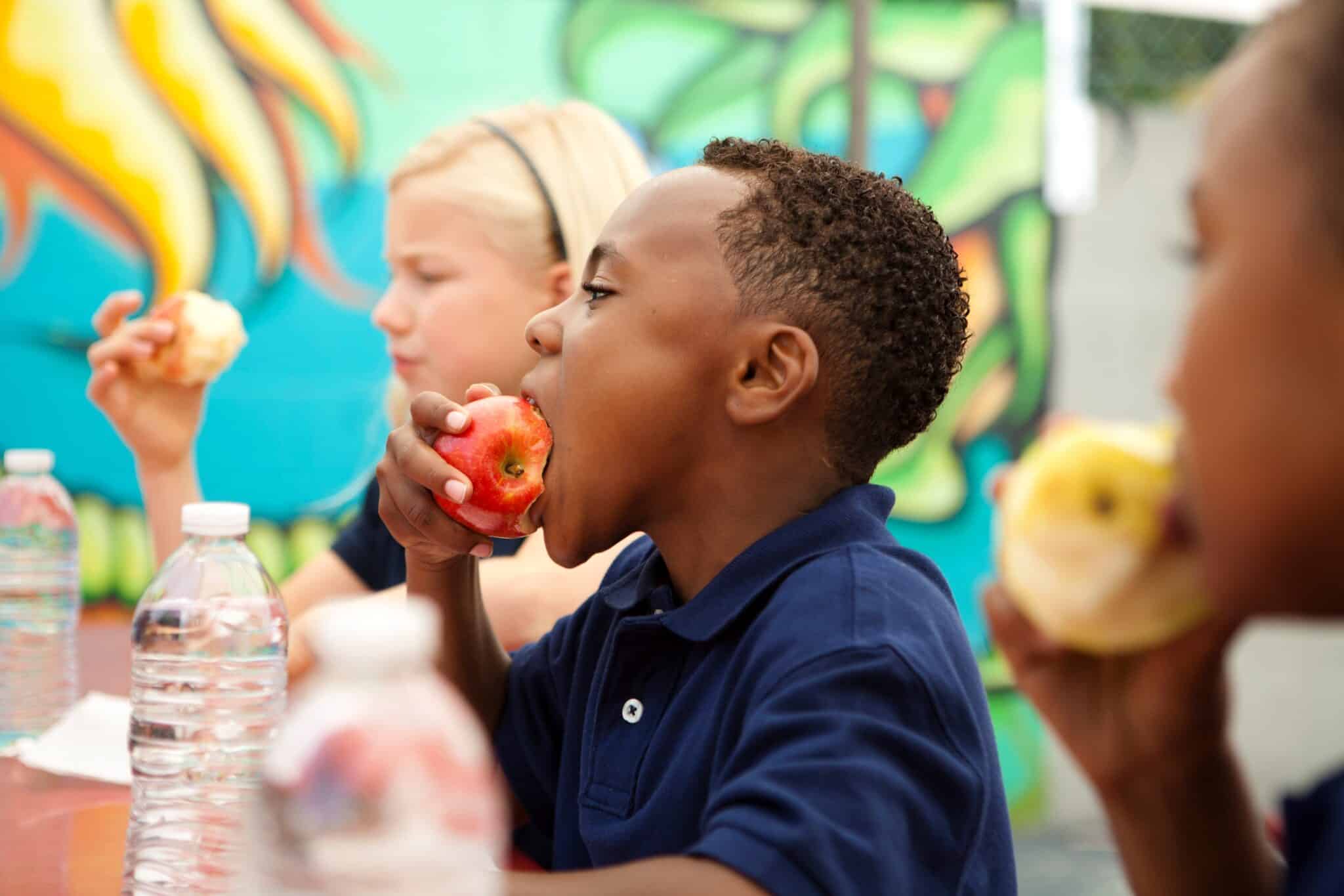 food for thought boy eating apple school meals boy eating